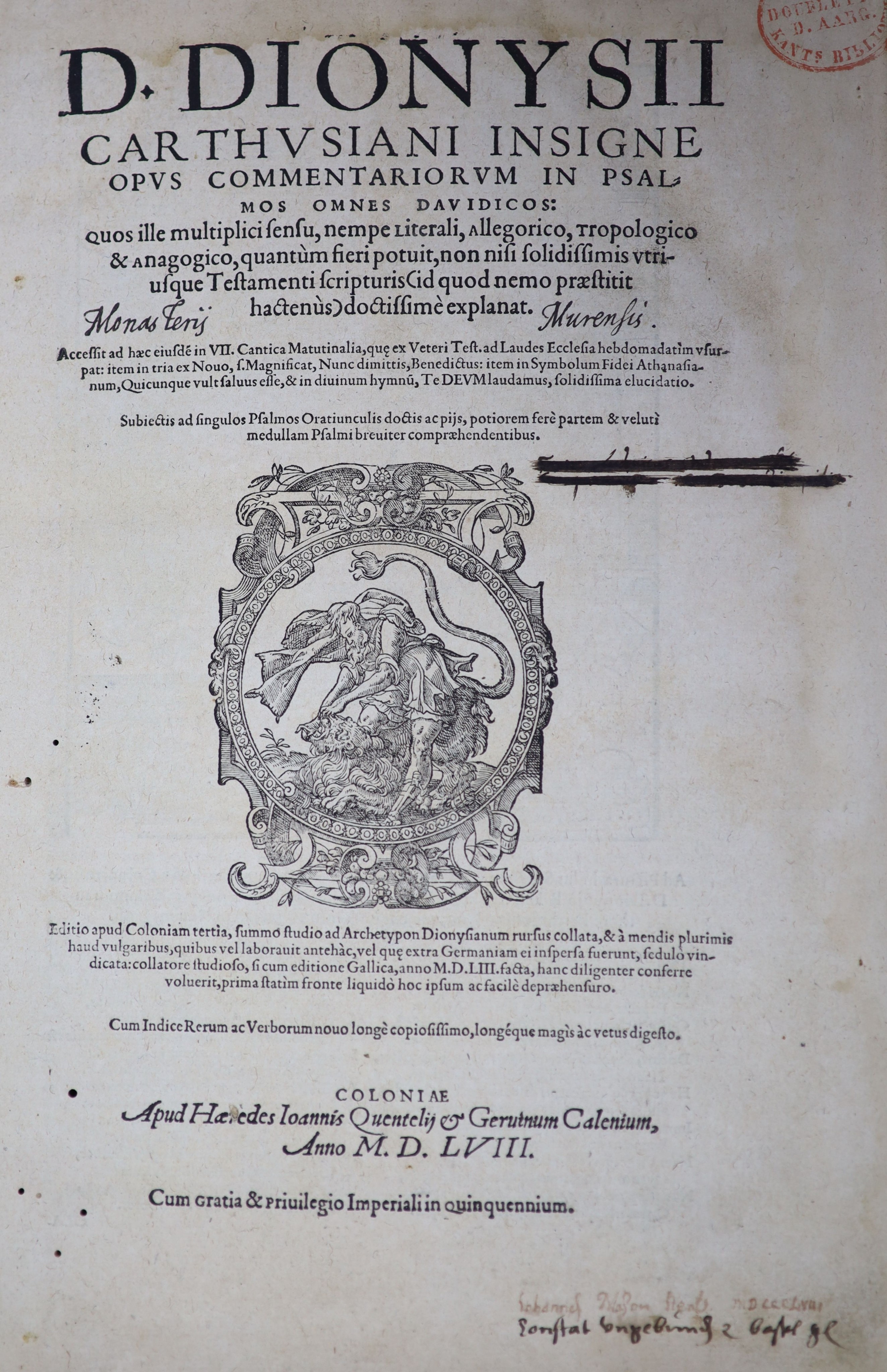 Carthusianus, Dionysius - D.Dionyii Carthusiani Insigne Opus Commentariorrum In Psalmos Omnes Davidicos, folio, contemporary embossed vellum with brass clasps, cover detached, lacking portrait frontispiece, boards with s